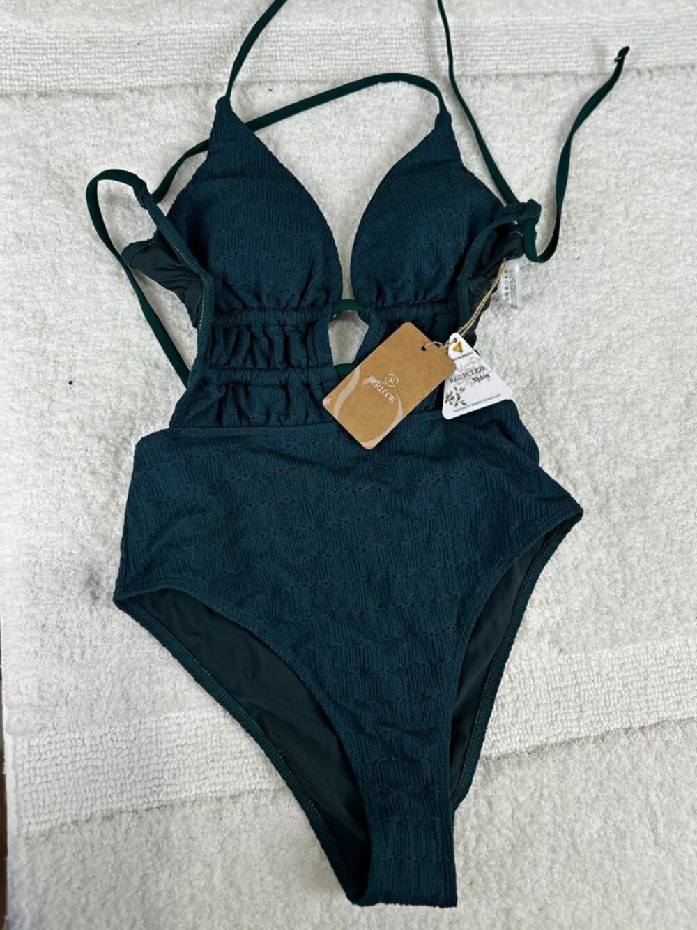 Berlook Women’s S Dark Green Recycled Nylon Textured Cutout One Piece Swimsuit N
